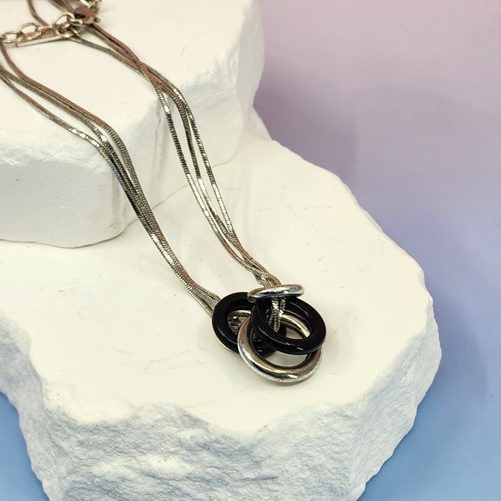 Napier Silver Tone Black Ring Pendant Multi Strand Necklace Modernist Statement